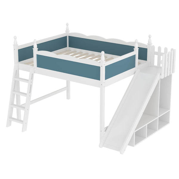 English Elm Queen Solid Pine Loft Bed with Wardrobe Shelves Detachable Slide and Dual Sleeping Zones Blue,Off White W5305S00029