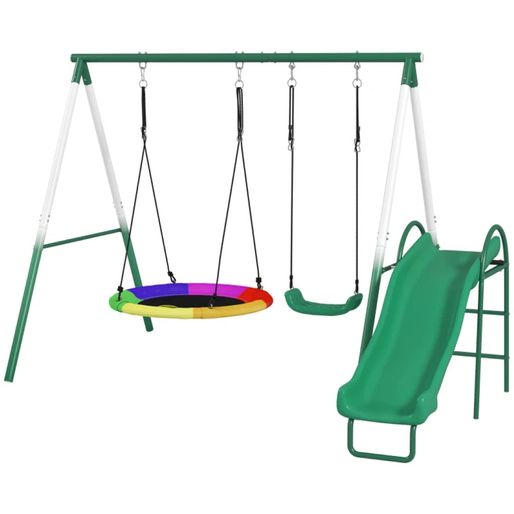 English Elm Metal Backyard Swing Set with Saucer Slide and Three Play Stations for Kids T3971P439148