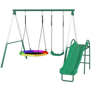 English Elm Metal Backyard Swing Set with Saucer Slide and Three Play Stations for Kids T3971P439148