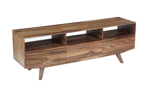Porter Designs Porter Fusion Solid Sheesham Wood Tv Stand With 3 Drawers & Open Storage, Mid-century Modern Design Light Brown Wood 06-117-03-6733n
