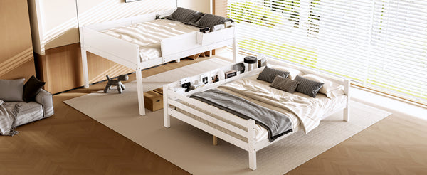 English Elm Queen Over Bunk Bed Pine Frame with Built in Shelving Detachable Vintage Style White W5316S00014