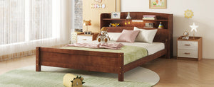 English Elm Full Pine Wood Bed with Bookcase Headboard, LED Motion Sensor, Guardrails & Ample Walnut Storage W504P281004