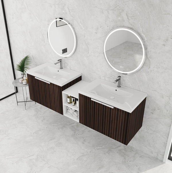 English Elm 72 Inch Soft Close Vanity with Resin Sink & Small Shelves, Wall-Mounted 72" Dual-Door Storage, Eco Plywood Finish W999S00261