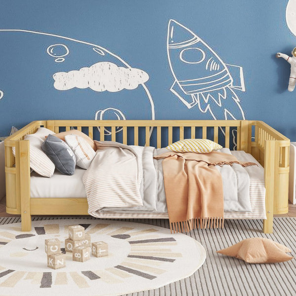 English Elm Full Full Size Wood Platform Bed for Kids with Guardrail, Solid Pine Construction, Low Profile, 350LB Capacity, Natural Finish W2593P367066
