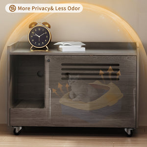 English Elm Gray Wooden Hidden Litter Box Cabinet with Ventilation Wheels and Side Table Top W3166P266403