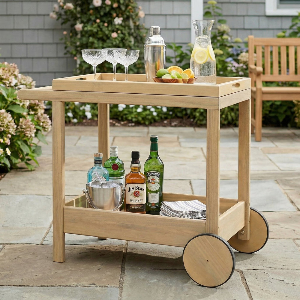 English Elm Saratoga Outdoor Acacia Wood Rolling Bar Cart with Two Tier Serving Shelves N775P403812B