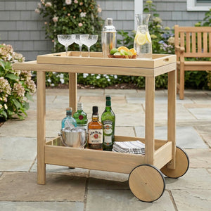 English Elm Saratoga Outdoor Acacia Wood Rolling Bar Cart with Two Tier Serving Shelves N775P403812B