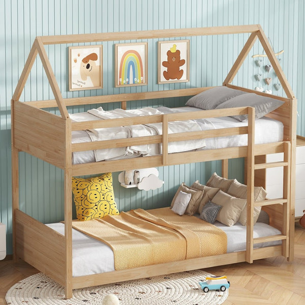 English Elm Twin House Floor Bunk Bed – Charming Rubberwood Design With Safety Guardrails, Ladder & White Oak Finish W504P227973-GIGA