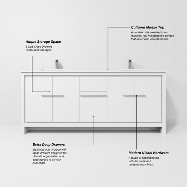 English Elm White Double Bath Vanity With Cultured Marble Top, Gun Metal Faucet, And 70-Inch Mirror For Elegance B2731S01779-GIGA