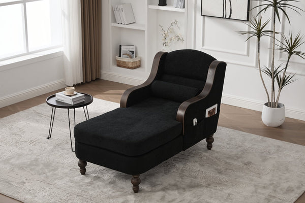 English Elm UNITED Oversized Chaise Lounge Sofa Bed with Solid Wood Arms, High-Resilience Foam, 800lb Capacity and Storage Pockets Black W1568S00208
