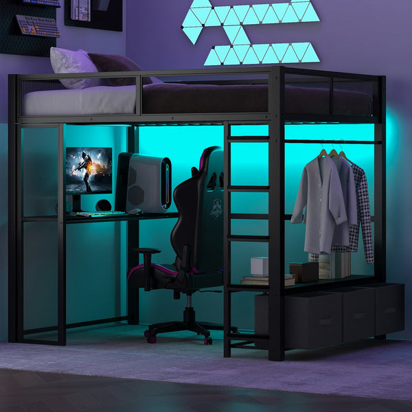 English Elm Full Metal Gaming Loft Bed with LED Lighting, Built-In Desk, Open Wardrobe and 3 Drawers for Space-Saving Comfort Black GX001133AAB
