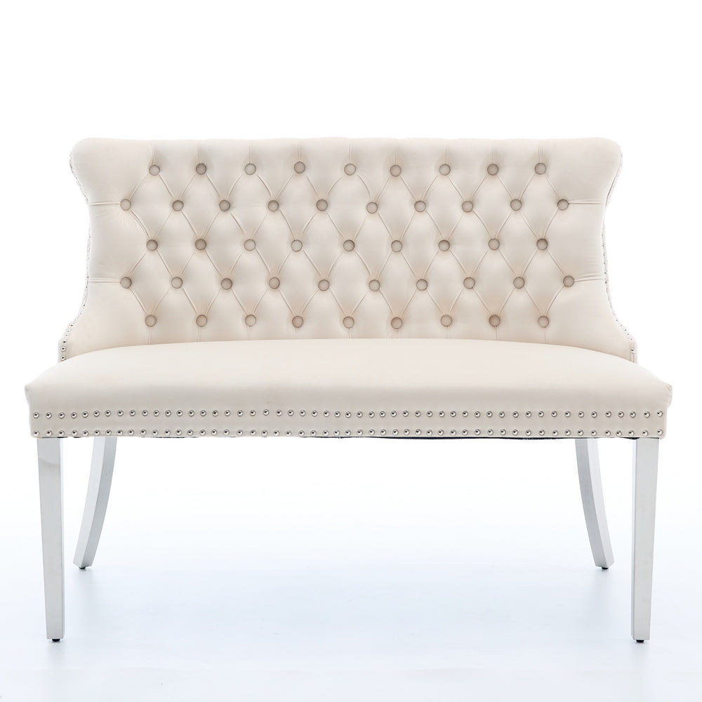 English Elm Velvet Wingback Dining Bench Tufted Two Seat Mid Century Modern Brushed Steel Base Beige W1143P406980