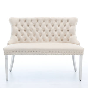 English Elm Velvet Wingback Dining Bench Tufted Two Seat Mid Century Modern Brushed Steel Base Beige W1143P406980