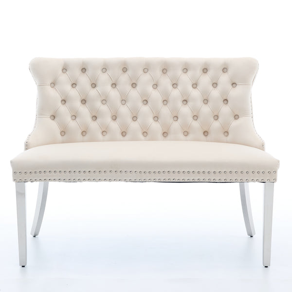 English Elm Velvet Wingback Dining Bench Tufted Two Seat Mid Century Modern Brushed Steel Base Beige W1143P406980