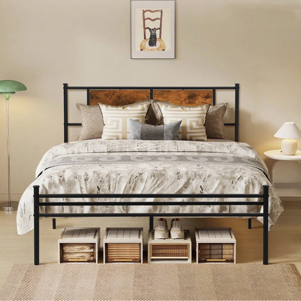 English Elm Queen Victorian Platform Bed Wood Paneling Metal Frame with Under Bed Storage Space W3286P308822