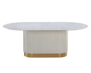 Sunpan Paloma Dining Table - Elegant White Marble Top with Cream Reeded Base and Gold Inlay for Luxe Spaces Oval - 84W x 47.25D x 30H