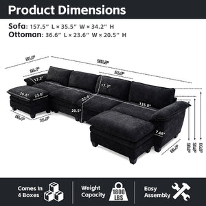 English Elm Living Room U-shape Chenille Sectional Sofa with Two Ottomans Pocket Coil Support Black W1097S00242