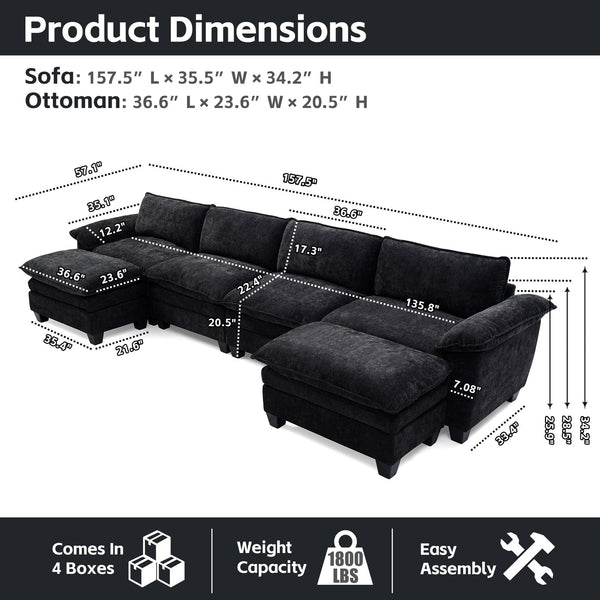 English Elm Living Room U-shape Chenille Sectional Sofa with Two Ottomans Pocket Coil Support Black W1097S00242