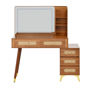 English Elm 47''Vintage Elegant Makeup Vanity with Lights and Mirror, 5-Drawer Rattan Design, Solid Wood Craftsmanship Walnut 46 L x 27 W x 8 H N733P337468M