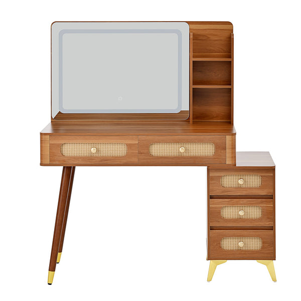 English Elm 47''Vintage Elegant Makeup Vanity with Lights and Mirror, 5-Drawer Rattan Design, Solid Wood Craftsmanship Walnut 46 L x 27 W x 8 H N733P337468M