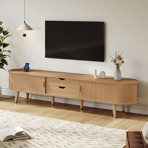 English Elm Wooden Fluted Tambour Media Console Mid Century Modern Tv Stand with Built in Charging Natural N721P428444L