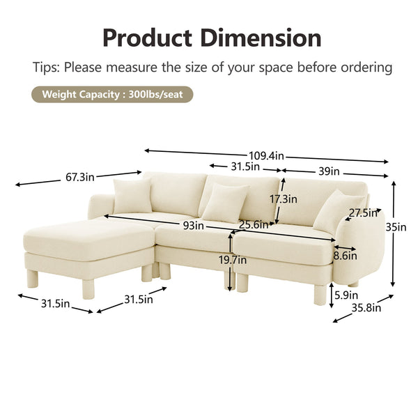 English Elm Boucle Fabric L-Shaped Sectional Sofa – Stylish 3-Seater With Shell Armrests & Removable Ottoman, Beige W3041S00277