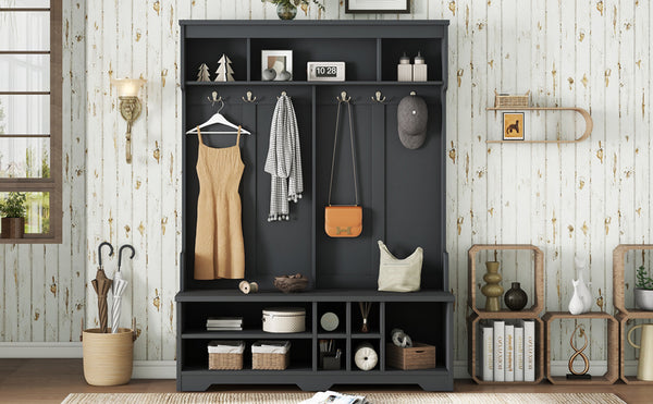 English Elm Modern Hallway Hall Tree with Bench, 6 Metal Hooks & Shoe Cubbies, Spacious Entryway Organizer Black W1580P327017