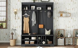 English Elm Modern Entryway Hall Tree with Six Hooks Bench Seat and Open Shoe Cubbies Black W1580S00618