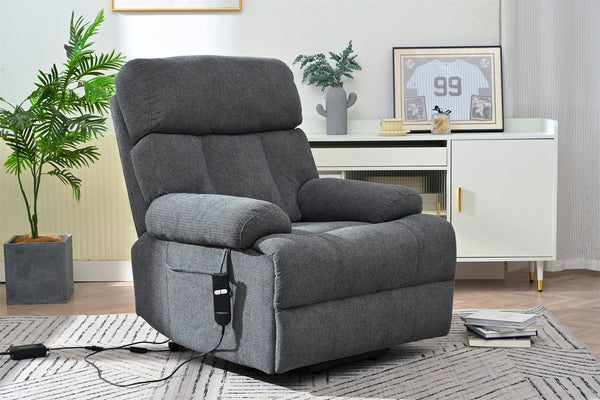 English Elm Oversized Power Lift Recliner Chair with Remote Control, Spacious Fabric Seat and Side Pocket for Comfort and Support Dark Gray W1028P261272