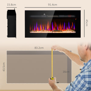 English Elm HOMCOM 36" Electric Fireplace Heater with Remote, 1500W Wall/Recessed Mount, Realistic Flames Black W2225P249833