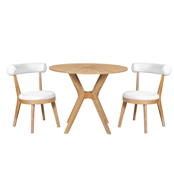 English Elm Mid-Century 39.4" Round Dining Table Set With 2 Padded Chairs, Oak Veneer & Stylish Wooden Legs TWSET-LUCKY1