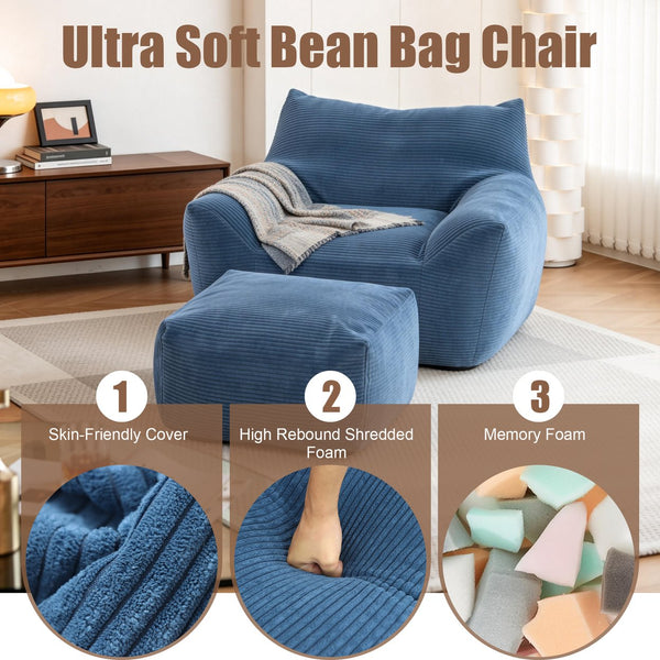 English Elm Bean Bag Chair with Armrests Shredded Foam Fill Oversized Lounge Seat for Adults Blue W5385P433246