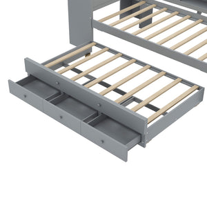 English Elm Twin Size Daybed With Trundle And Desk, Stylish Wood Frame With Storage Drawers And Shelves, Gray W1580S00204-GIGA