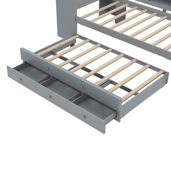 English Elm Twin Size Daybed With Trundle And Desk, Stylish Wood Frame With Storage Drawers And Shelves, Gray W1580S00204-GIGA
