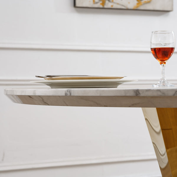 English Elm 47" Round Marble Dining Table - Luxurious High Gloss Faux Marble Top & Stainless Steel Base For Modern Spaces W3456S00005