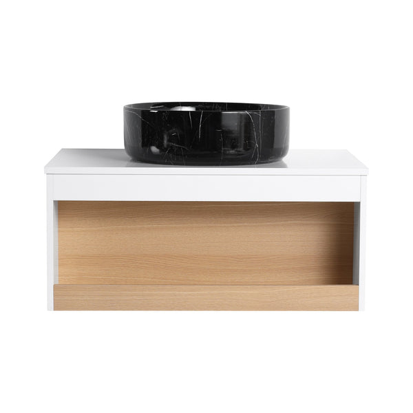 English Elm 30" Floating Wall Mount Bathroom Vanity Open Shelf Ceramic Vessel Sink Modern White White + Light Oak,White+Black W3450S00060
