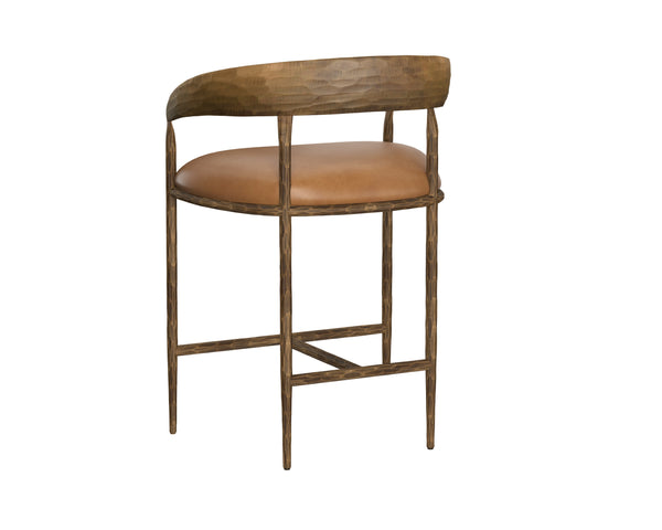Sunpan Zanatta Stylish Barstool with Antique Brass Frame and Unique Hammered Metal Detailing for Any Space Tan Leather