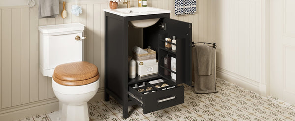 English Elm 18-Inch Modern Bathroom Vanity with Ceramic Sink, Soft-Close Doors, Divider Drawer & Adjusting Feet Black N729P334854B