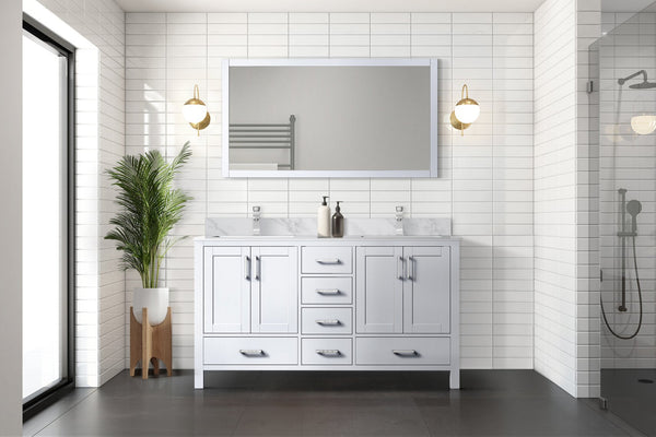 English Elm White Double Bath Vanity 60in W x 22in D with Carrara Marble Top, Chrome Faucet, Soft-Close Storage Durable B2731P259071