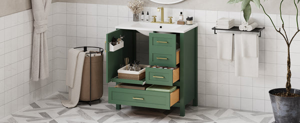 English Elm 30" Green Modern Bathroom Vanity with Ceramic Sink, Solid Wood Frame, Soft-Close Doors & Drawers N729P177787F