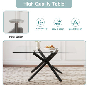 English Elm Large Tempered Glass Rectangular Dining Table Seats Six with Matte Black Metal Frame W1151S04538
