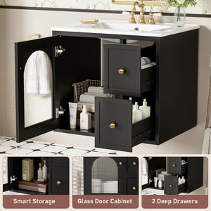 English Elm 24" Modern Wall-Mount Bathroom Vanity with Ceramic Sink, Glass Door Cabinet, 2 Drawers, Soft-Close Black N710P286704B