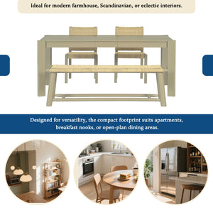 English Elm Modern Farmhouse Extendable Dining Table Set with Handwoven Rattan Chairs, Child‑Safe Rounded Edges, Expandable for 4‑8 Guests Gold TWSET2025-1E