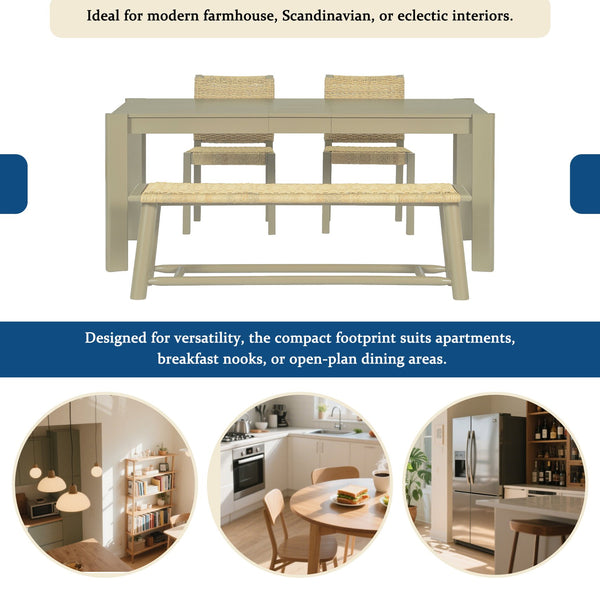 English Elm Modern Farmhouse Extendable Dining Table Set with Handwoven Rattan Chairs, Child‑Safe Rounded Edges, Expandable for 4‑8 Guests Gold TWSET2025-1E