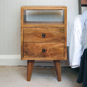 English Elm Solid Wood Mini Oak-Ish Classic Nightstand - 2 Drawers & Open Shelf, Nordic Design, Light Brown B182P280791-GIGA