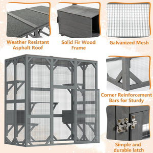English Elm Outdoor Wooden Catio Enclosure with Platforms Condos and Weatherproof Fir Frame for Cats W1422P345496