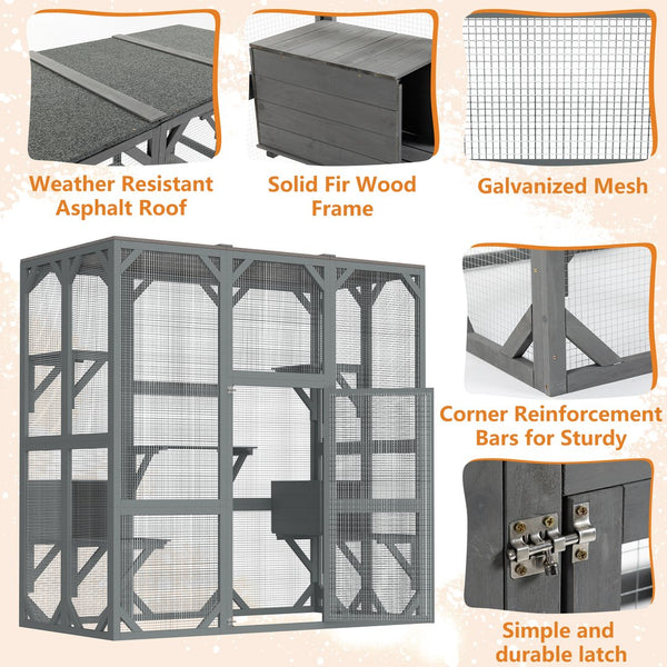 English Elm Outdoor Wooden Catio Enclosure with Platforms Condos and Weatherproof Fir Frame for Cats W1422P345496