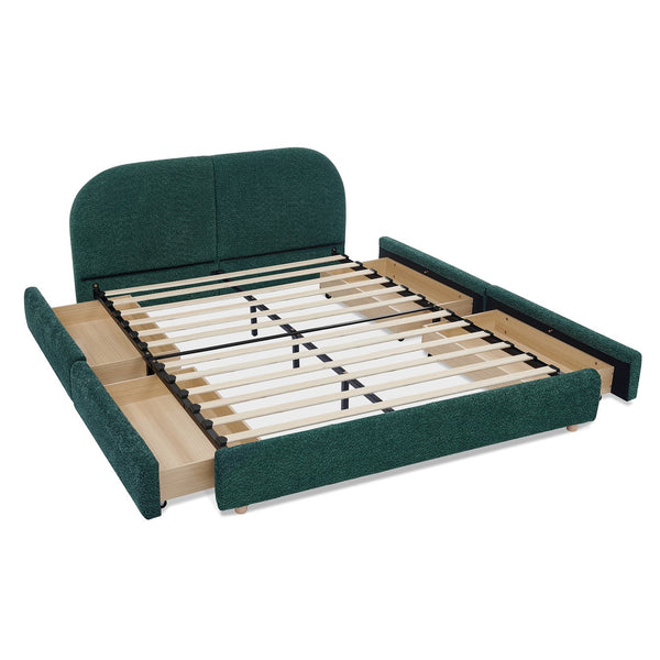 English Elm Queen Platform Bed Curved Headboard Circle Yarn Fabric with Four Wheeled Storage Drawers Green W487S00478