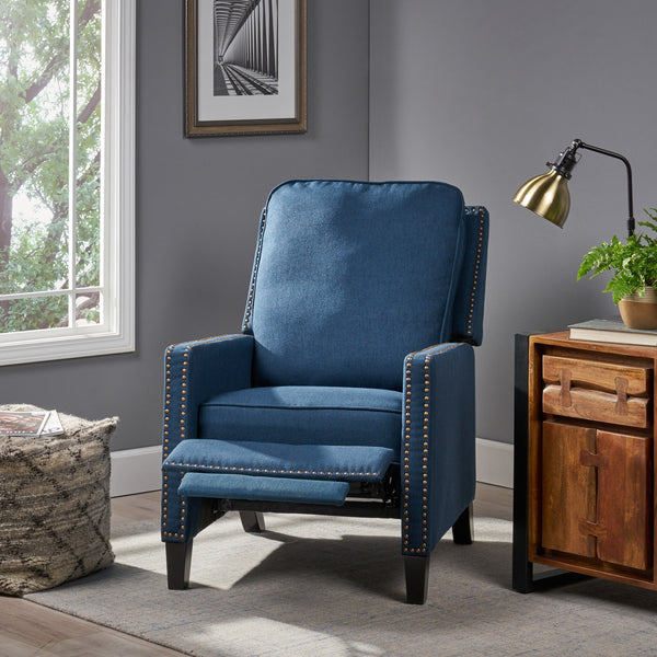 English Elm Christopher Knight Home® - 27.5" Wide Manual Standard Recliner with Plush Upholstery, Nailhead Trim & Contemporary Pushback Comfort Navy Blue 62808.00