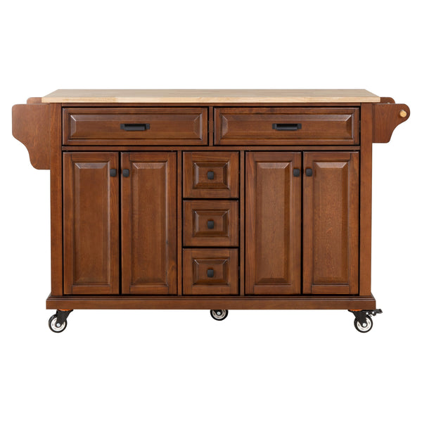English Elm Kitchen Island durable rubberwood countertop kitchen cart on casters with towel rack, spice shelf, 5 drawers and adjustable shelving for organized meal prep and mobility Mahogany W914S00004
